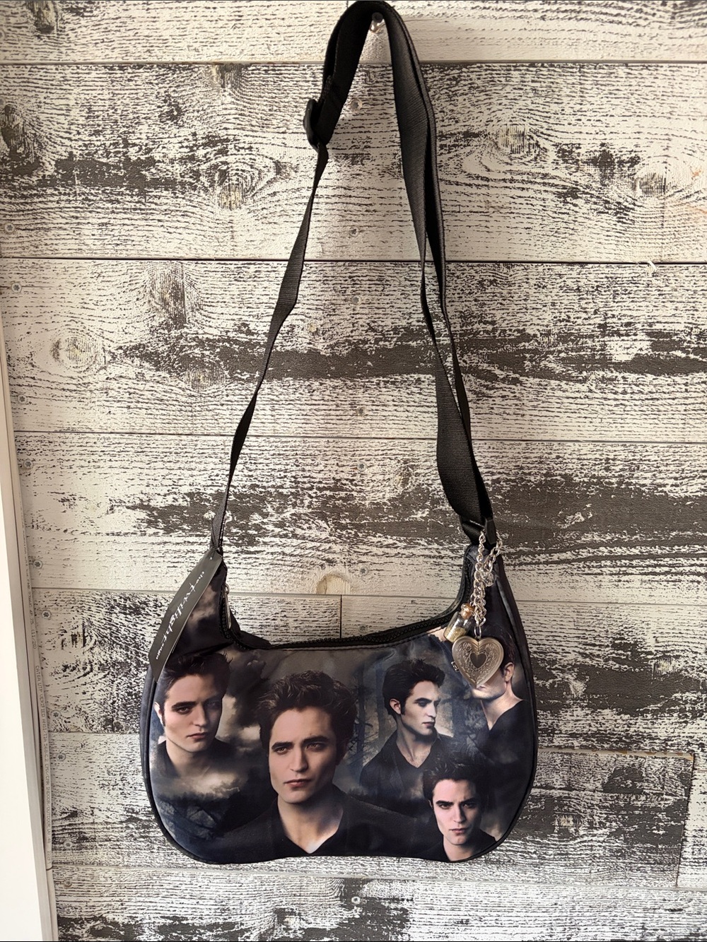 NWT Twilight Black Graphic Crescent Crossbody Bag with Heart Charm